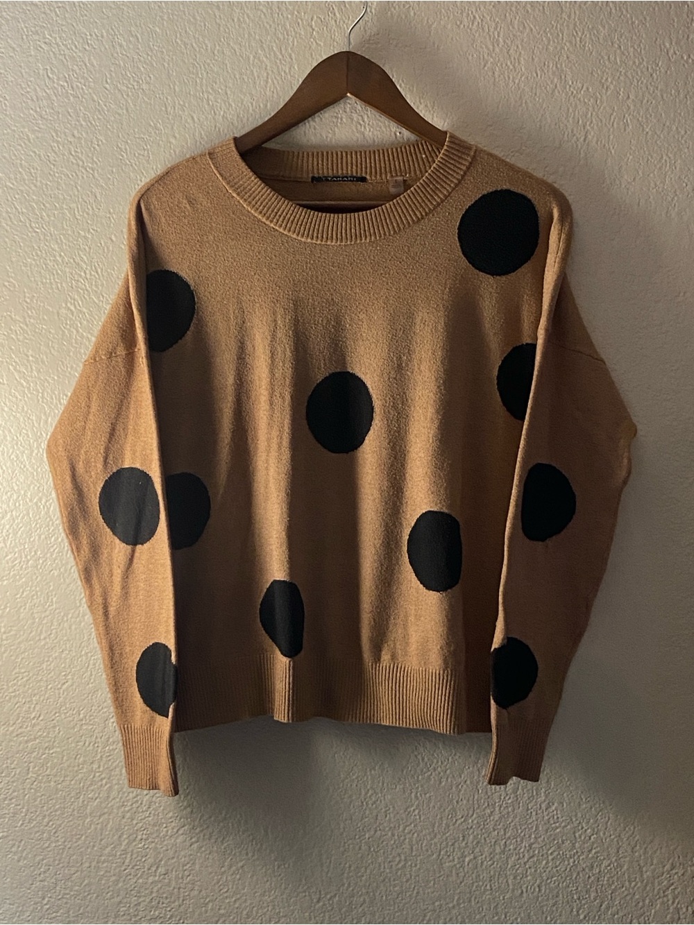 Tahari Camel Crewneck Sweater with Black Polka Dots EUC Size Small